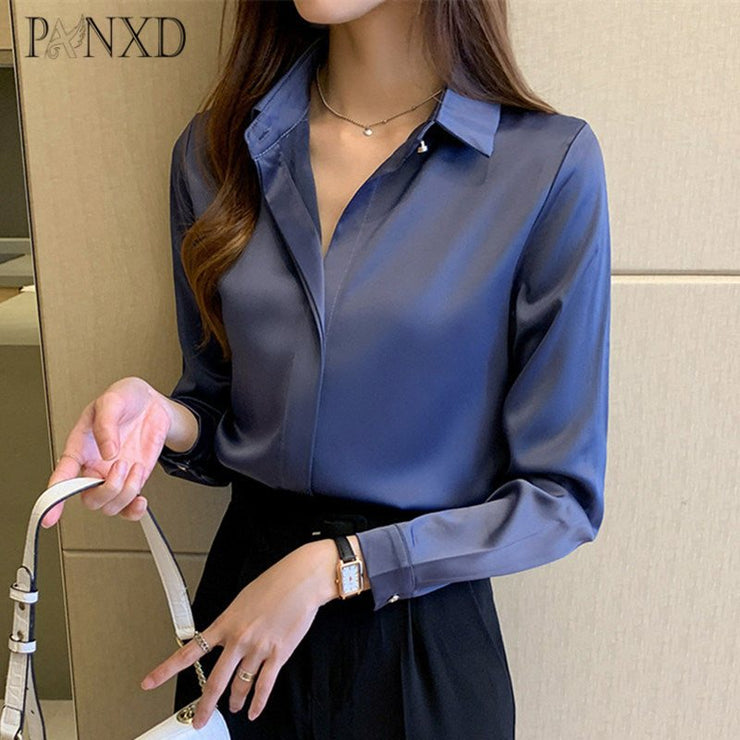 PANXD Fashion Satin  Long Sleeve Woman Shirts
