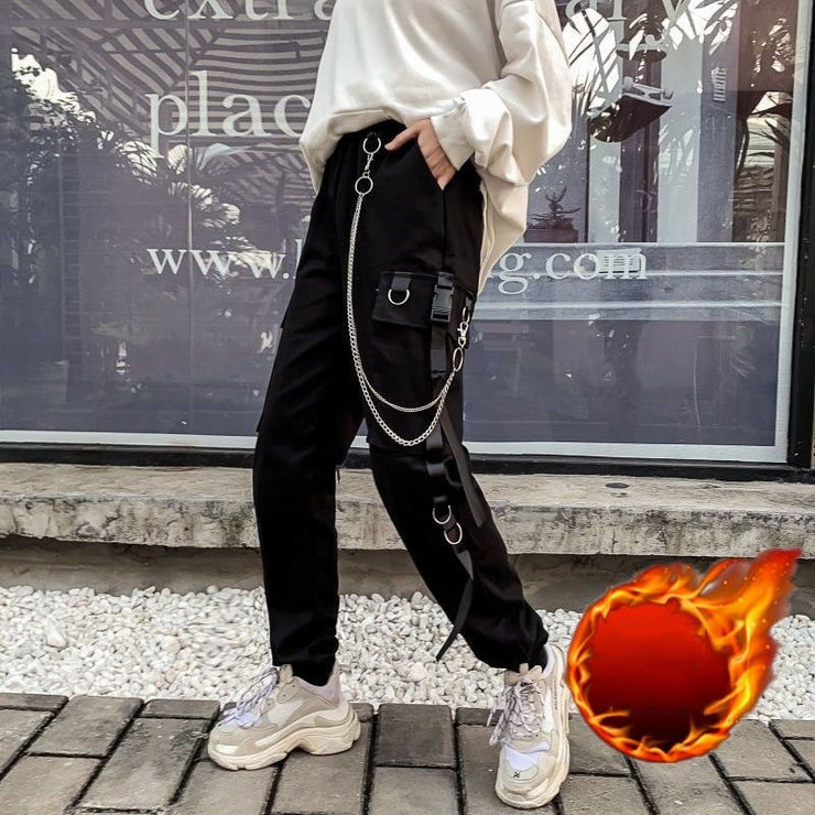 PANXD Women Harem Pants Punk Pockets Jogger Trousers With Chain Streetwear