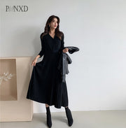 PANXD Elegant V-neck Single-breasted  Knitted Belted A-line Women Thicken Sweater Dress