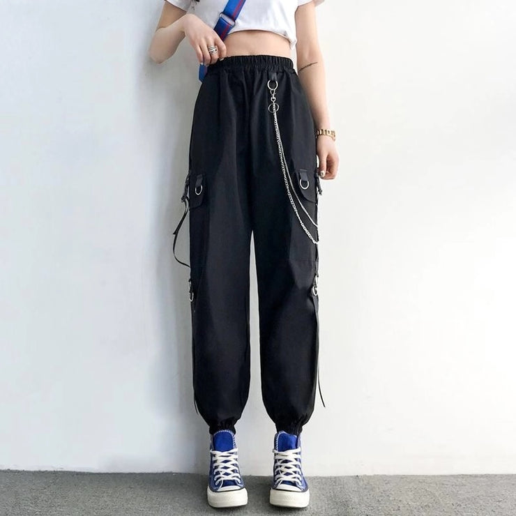 PANXD Women Harem Pants Punk Pockets Jogger Trousers With Chain Streetwear