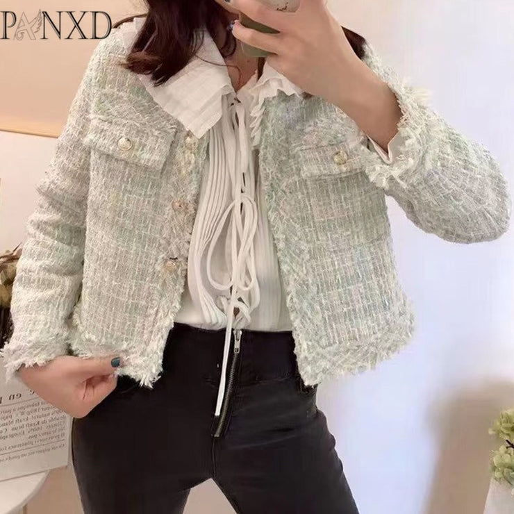 PANXD Vintage Tweed Single Breasted Plaid Tassel Women Woolen Jacket
