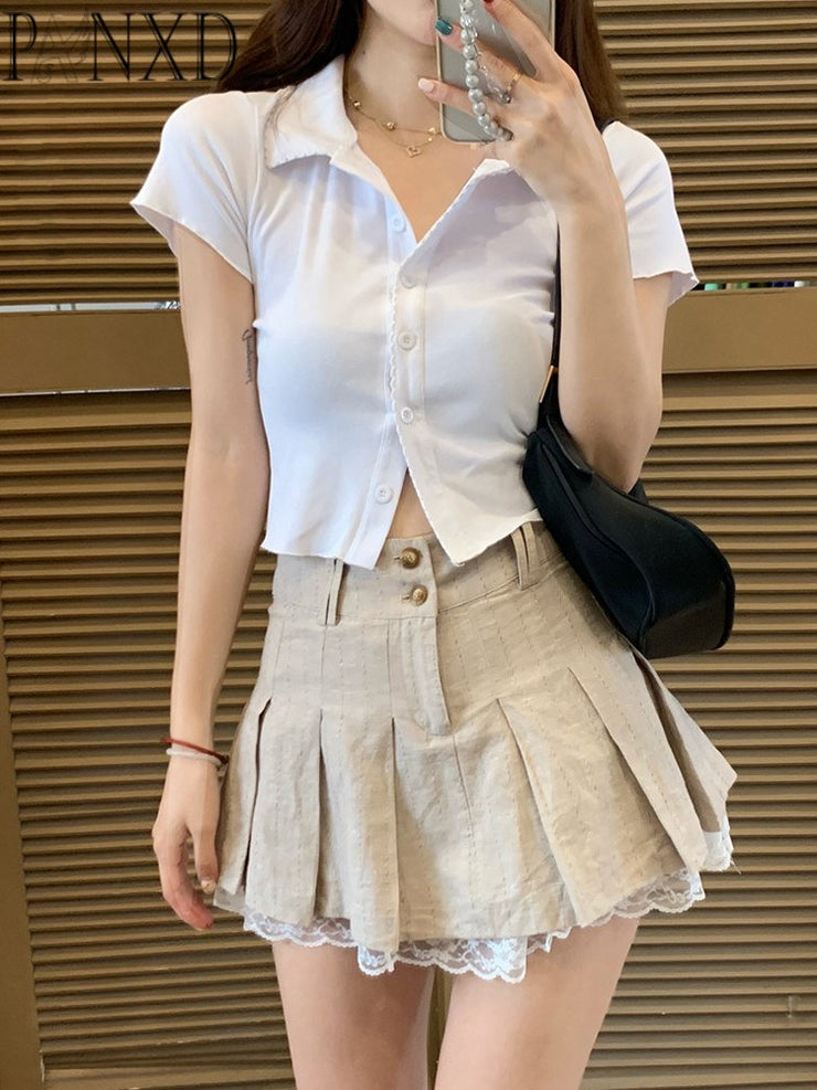 PANXD Korean Fashion Khaki Lace Trim Pleated Preppy Style Button Up High Waist Skirt
