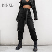 PANXD Women Elastic High Waist Cargo Pants Streetwear  Baggy Tactical Trouser Hip Hop Joggers Pants