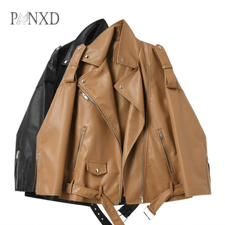 PANXD Women Faux Leather MotorcyclesJackets With Belt
