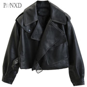 PANXD Women Faux Leather Turndown Collar PU Motorcycle Jackets