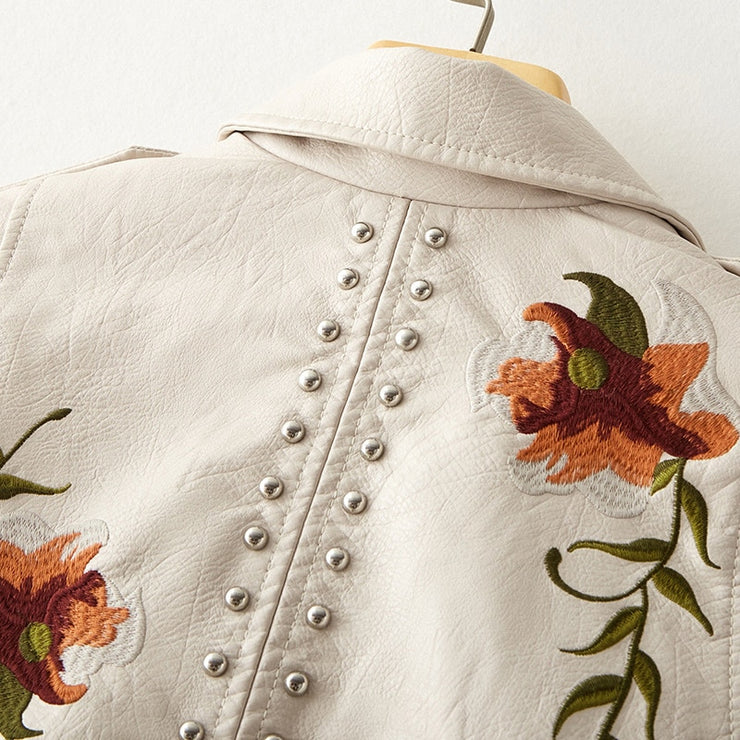 PANXD Retro Floral Embroidery Faux Soft Leather Turndown Collar Pu Moto Biker Punk Women Jacket
