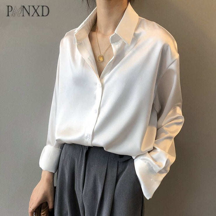 PANXD Vintage Women Satin Silk Long Sleeves Shirt