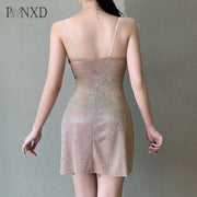 PANXD  Sexy Bright Silk Diamond Women Mini Dress Low-Neck Sleeveless Backless Princess Dress