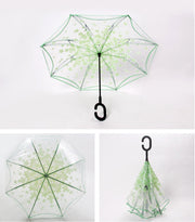 PANXD Transparent Reverse Umbrella Double Layer Cherry Blossoms Inverted Umbrella Rain Women C-Hook Windproof Folding Parasol