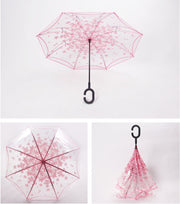 Guarda-chuva reverso transparente PANXD Dupla camada de flores de cerejeira Guarda-chuva invertido para chuva Mulheres C-Hook Guarda-sol dobrável à prova de vento