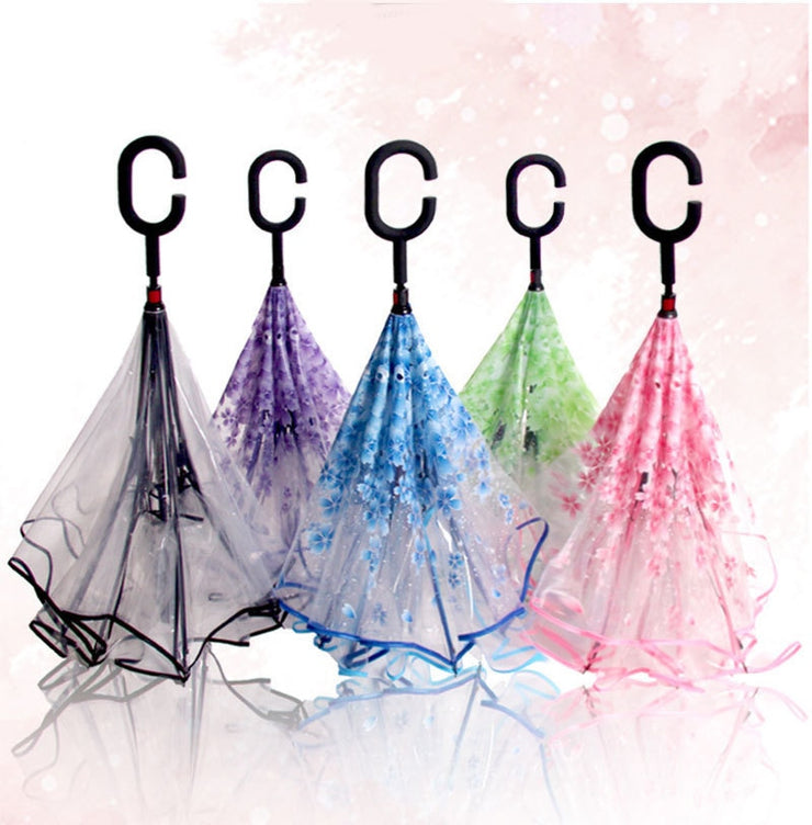 PANXD Transparent Reverse Umbrella Double Layer Cherry Blossoms Inverted Umbrella Rain Women C-Hook Windproof Folding Parasol