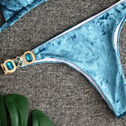 Solid Halter Crystal Diamond Velvet Bandage Bikini set