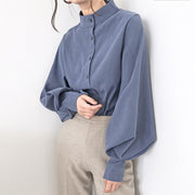 PANXD Vintage Big Lantern Sleeve Women Blouse Stand Collar Shirts Solid Blouse