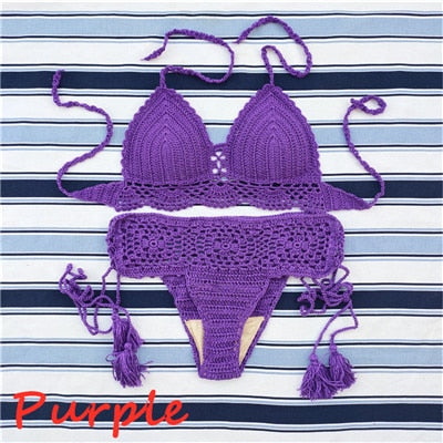 Conjunto de bikini hecho a mano push up de crochet con top corto