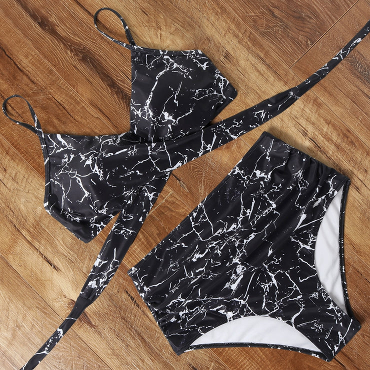 High Waist Print Push Up Cross Bandage Bikini Set