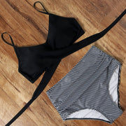 Conjunto de bikini de vendaje cruzado push up con estampado de cintura alta