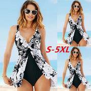 Plus Size S-5XL One Piece Swimsuit With Skirt Sexy Deep V Print Bird Vintage Big Swimwear Beach Bathing Suit