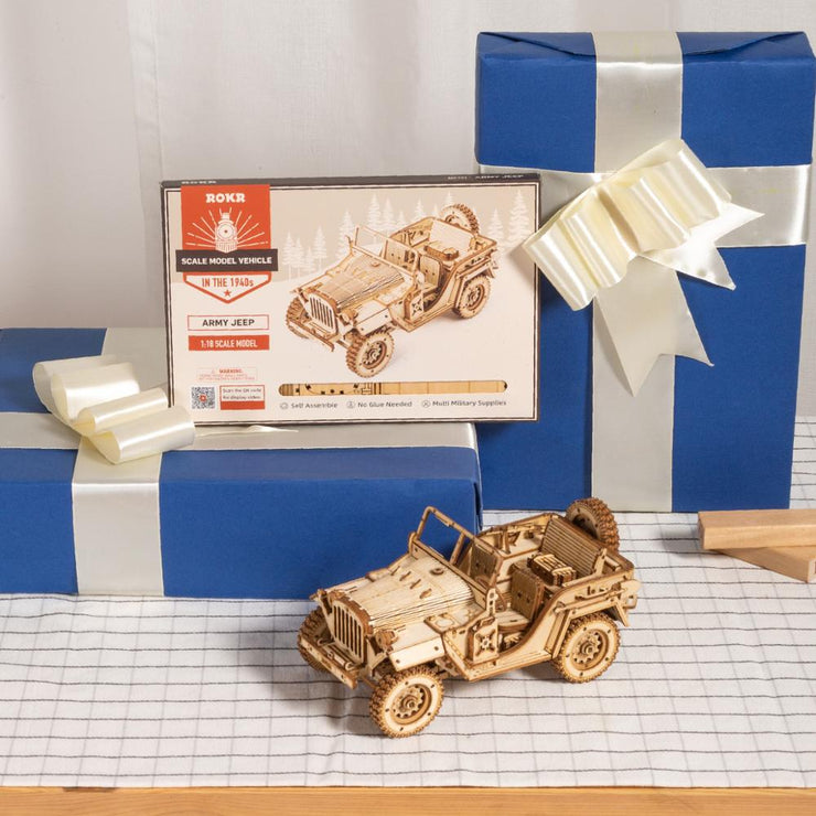 Assembly Toy Gift for Children Teens Adult  1:18 369pcs Retro DIY Movable 3D Army Jeep Wooden Puzzle Game