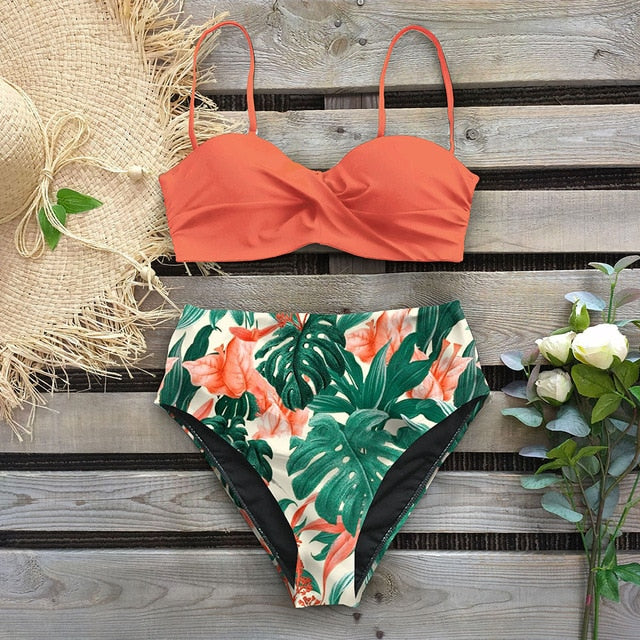 Conjunto de bikinis push up de cintura alta con estampado de hojas, cintura alta
