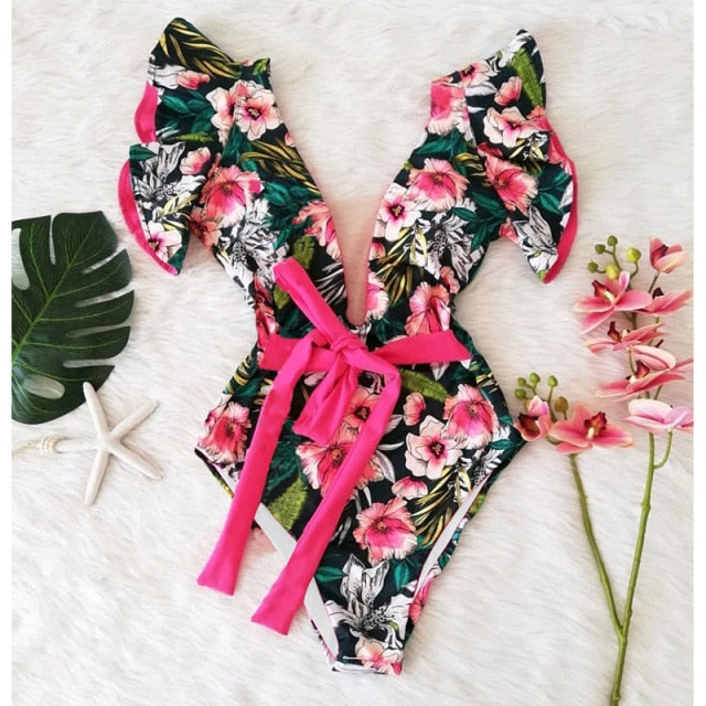 Ruffle Print Floral One Piece Swimsuit Off The Shoulder Solid Deep-V Monkini
