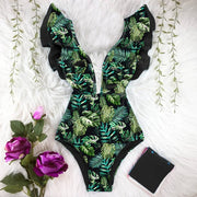 Ruffle Print Floral One Piece Swimsuit Off The Shoulder Solid Deep-V Monkini