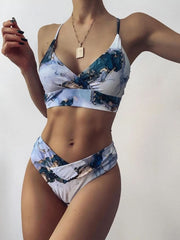 Bikinis deportivos de cintura alta con estampado de mármol push up bandeau