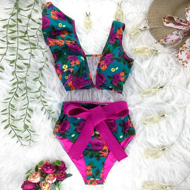 Floral Push-Up Padded Bra Ruffles Bandage Bikini Set