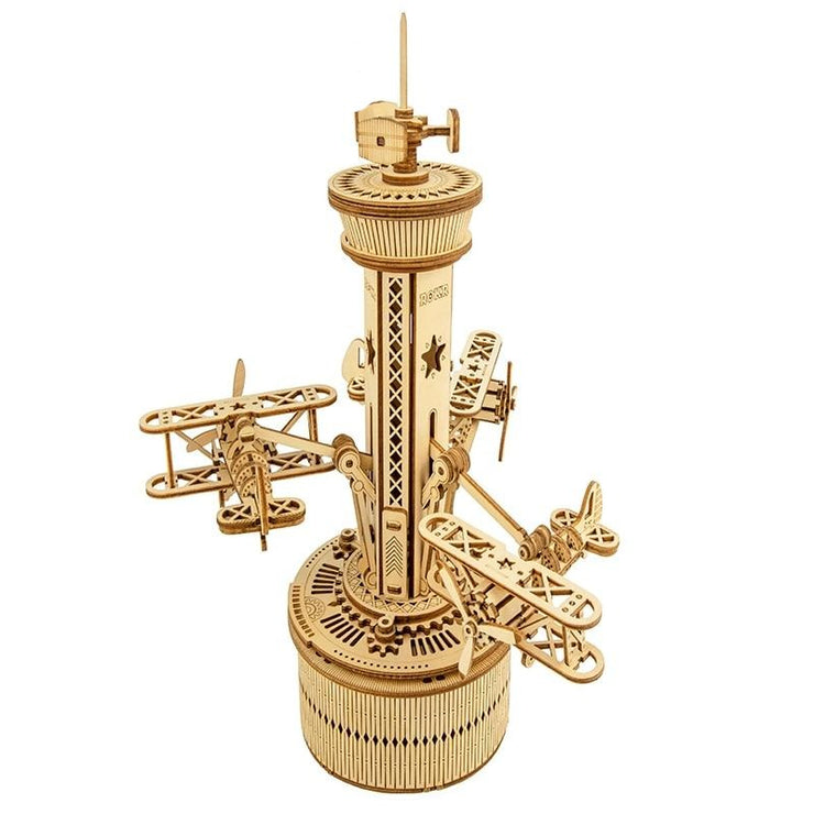 Assembly Music Box Toy Gift for Children Kids Adult 255pcs DIY 3D Airplane Control Tower Wooden Puzzle Game