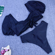 Solid Tankini Sport Bandeau Short Sleeve Summer High Waist Cut Backless Swimsuit