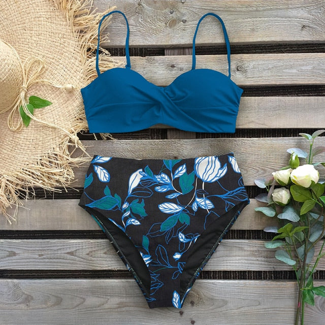Conjunto de bikinis push up de cintura alta con estampado de hojas, cintura alta