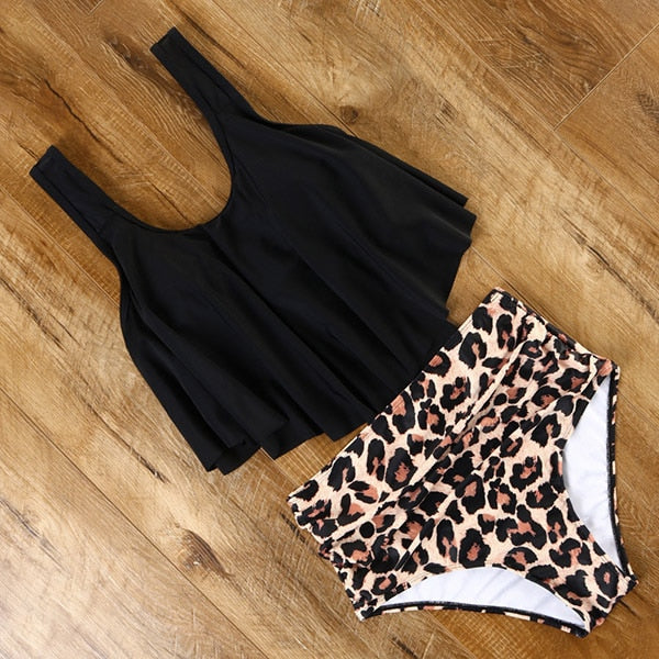 Leopardo Bikini 2021 Bikini de cintura alta Estampado animal Tankini Traje de baño floral Traje de baño brasileño con volantes Traje de baño de talla grande para mujer