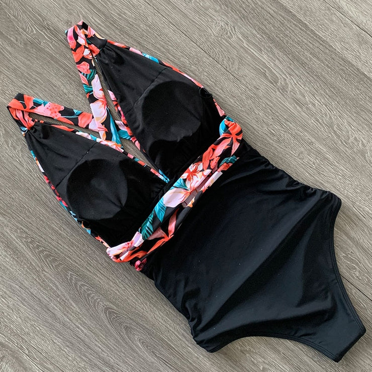 Сплошной купальник с цветочным рисунком пуш-ап с глубоким v-образным вырезом и рюшами Monokini