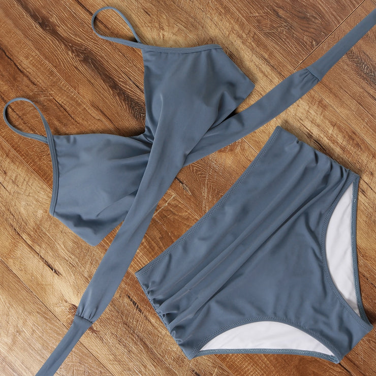 Conjunto de bikini de vendaje cruzado push up con estampado de cintura alta