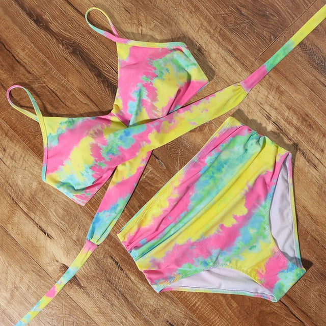 High Waist Print Push Up Cross Bandage Bikini Set