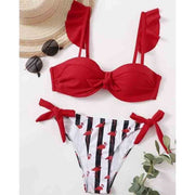 Striped Ruffle Push Up Bandeau Bikini set