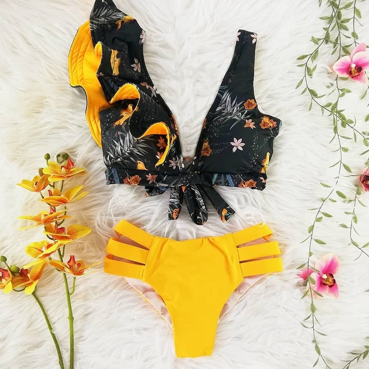 Floral Push-Up Padded Bra Ruffles Bandage Bikini Set