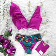 Conjunto de bikini de vendaje con volantes y sujetador con relleno floral push-up