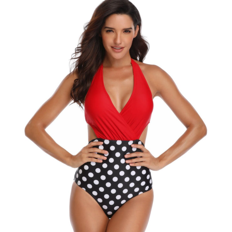 PANXD ملابس السباحة النسائية قطعة واحدة بفتحة رقبة على شكل V منقط الأزهار