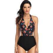 PANXD ملابس السباحة النسائية قطعة واحدة بفتحة رقبة على شكل V منقط الأزهار