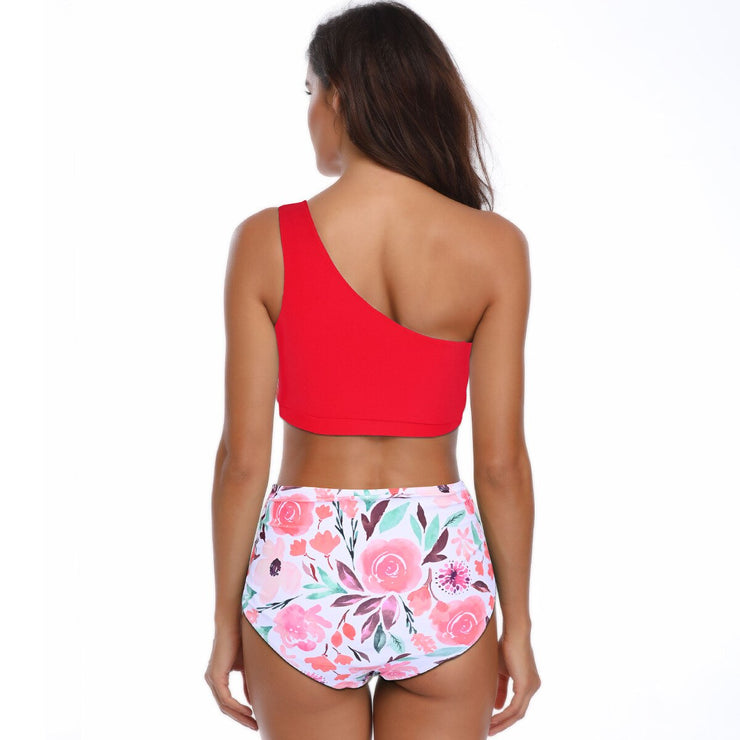 PANXD Floral One Shoulder High-waisted Bikini Set
