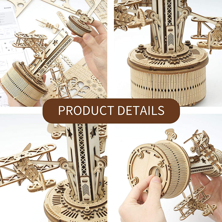 Assembly Music Box Toy Gift for Children Kids Adult 255pcs DIY 3D Airplane Control Tower Wooden Puzzle Game