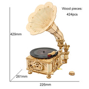 Assembly Toy Gift for Children Adult 1:1 424pcs DIY Hand Crank Classic Gramophone Wooden Model Building Kits