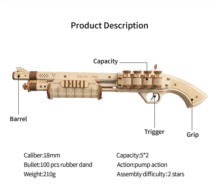 Kids Assembly Wooden Toy Guns Revolver Scatter with Rubber Band Bullet