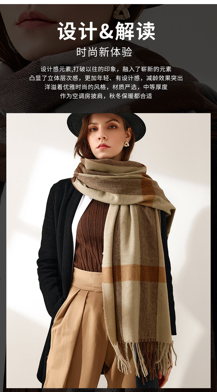 Women Scarf Plaid Printing Tassel Imitation Cashmere Scarf Fashion Mid-length Shawl