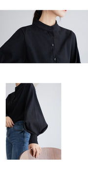 PANXD Vintage Big Lantern Sleeve Women Blouse Stand Collar Shirts Solid Blouse