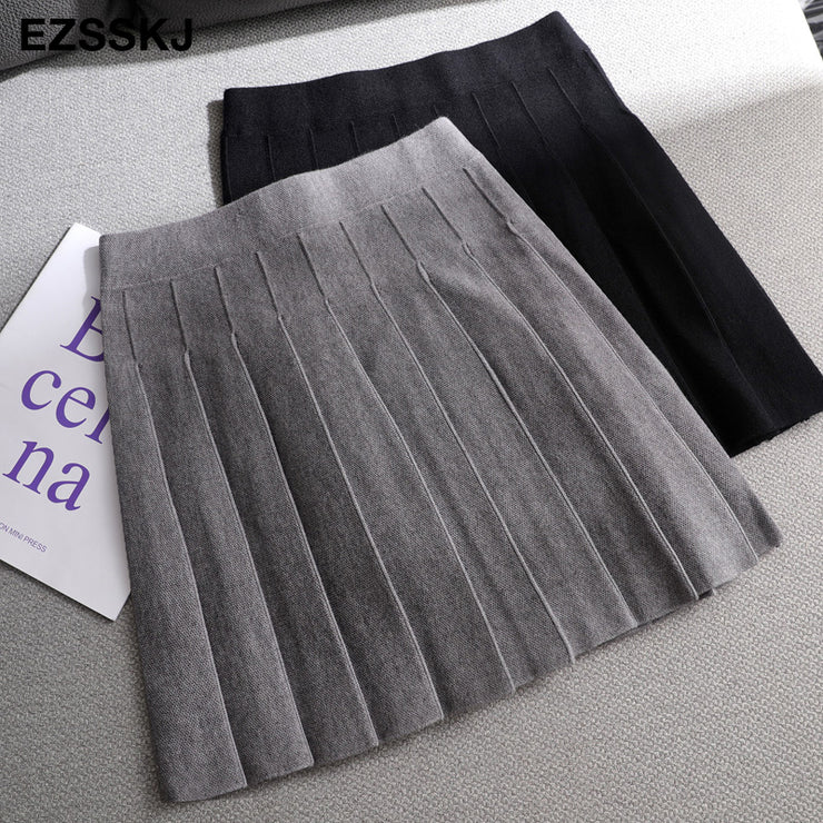 PANXD Eegant  A-line Thick Sweater Women Pleated Mini Skirt