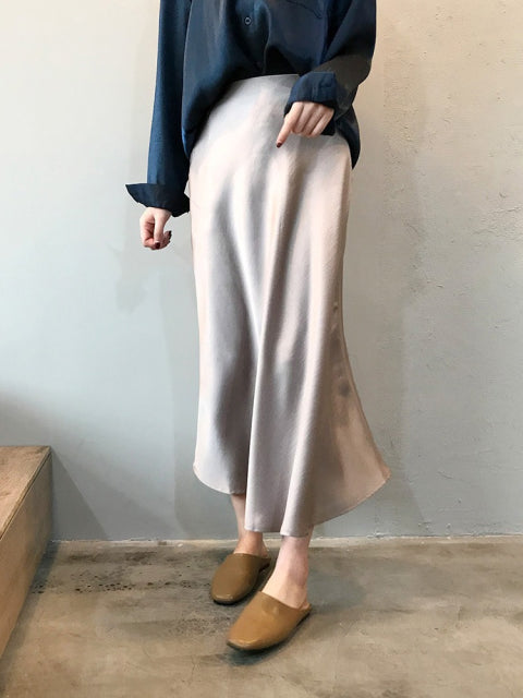 PANXD Elegant Silk Satin High Waisted A-Line Women Skirts