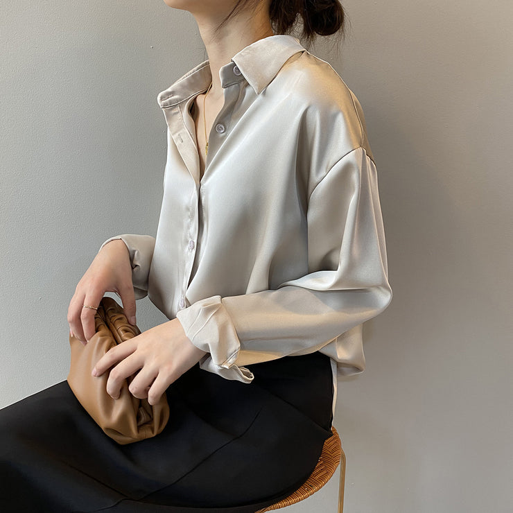 PANXD Vintage Women Satin Silk Long Sleeves Shirt