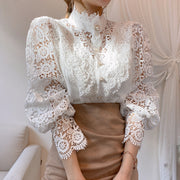PANXD Petal Sleeve Stand Collar Hollow Out Flower Lace Patchwork Lace Blouse Women Shirt
