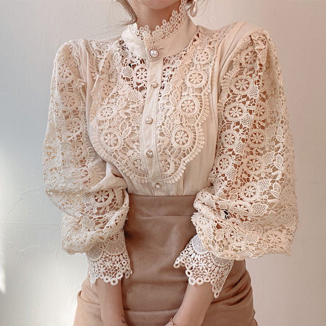 PANXD Petal Sleeve Stand Collar Hollow Out Flower Lace Patchwork Lace Blouse Women Shirt